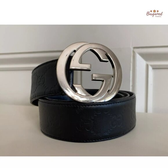 Authentic Gucci Black Guccissima Leather Silver Interlocking G Buckle Belt 90/36 - Picture 13 of 14